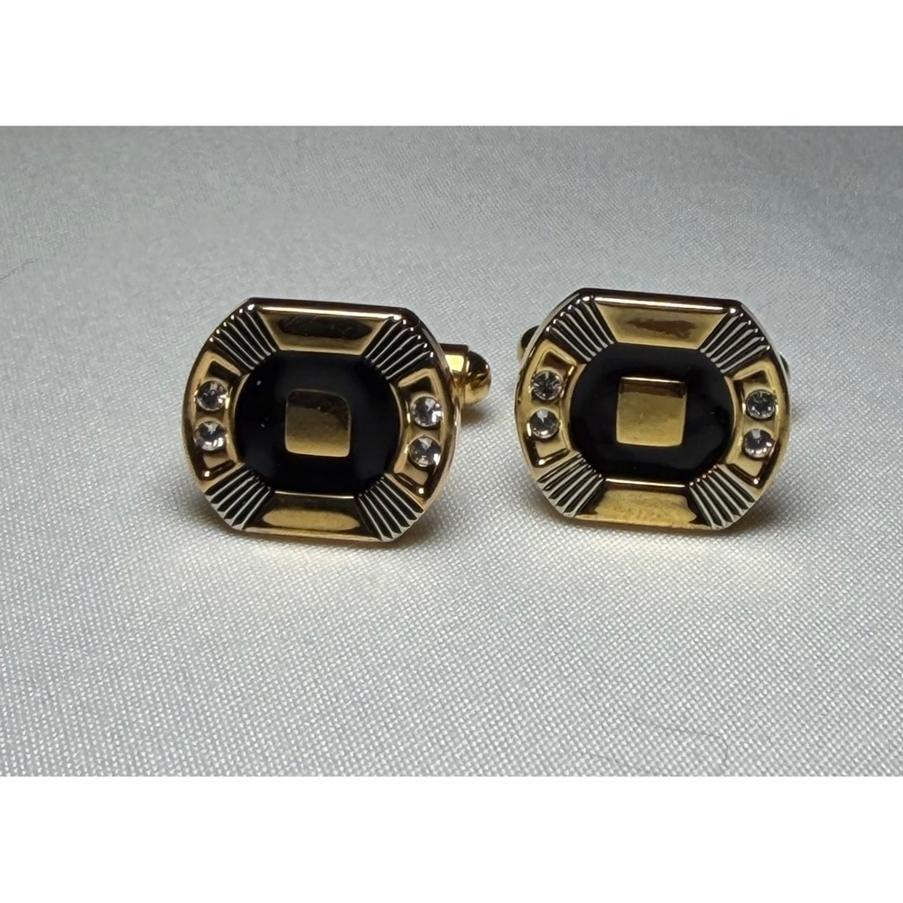 Vintage Gold Tone Black Enamel Rhinestone‎ Geometric Cufflinks Art Deco Style